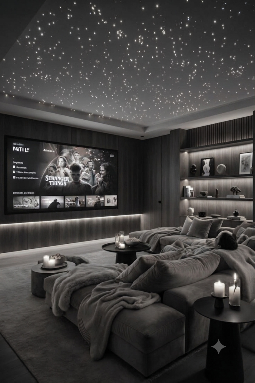 Home cinema com automação residencial e iluminação cênica